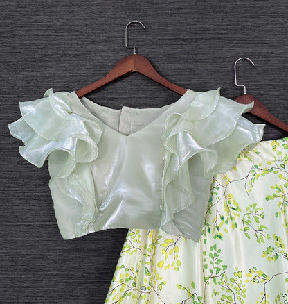 Pista green satin printed crop top lehenga