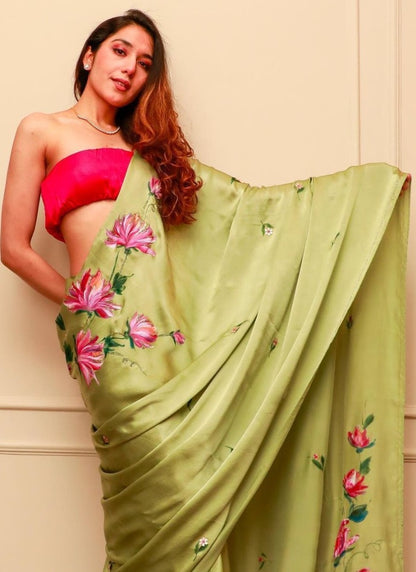 Pista green satin silk digital printed hand worked saree