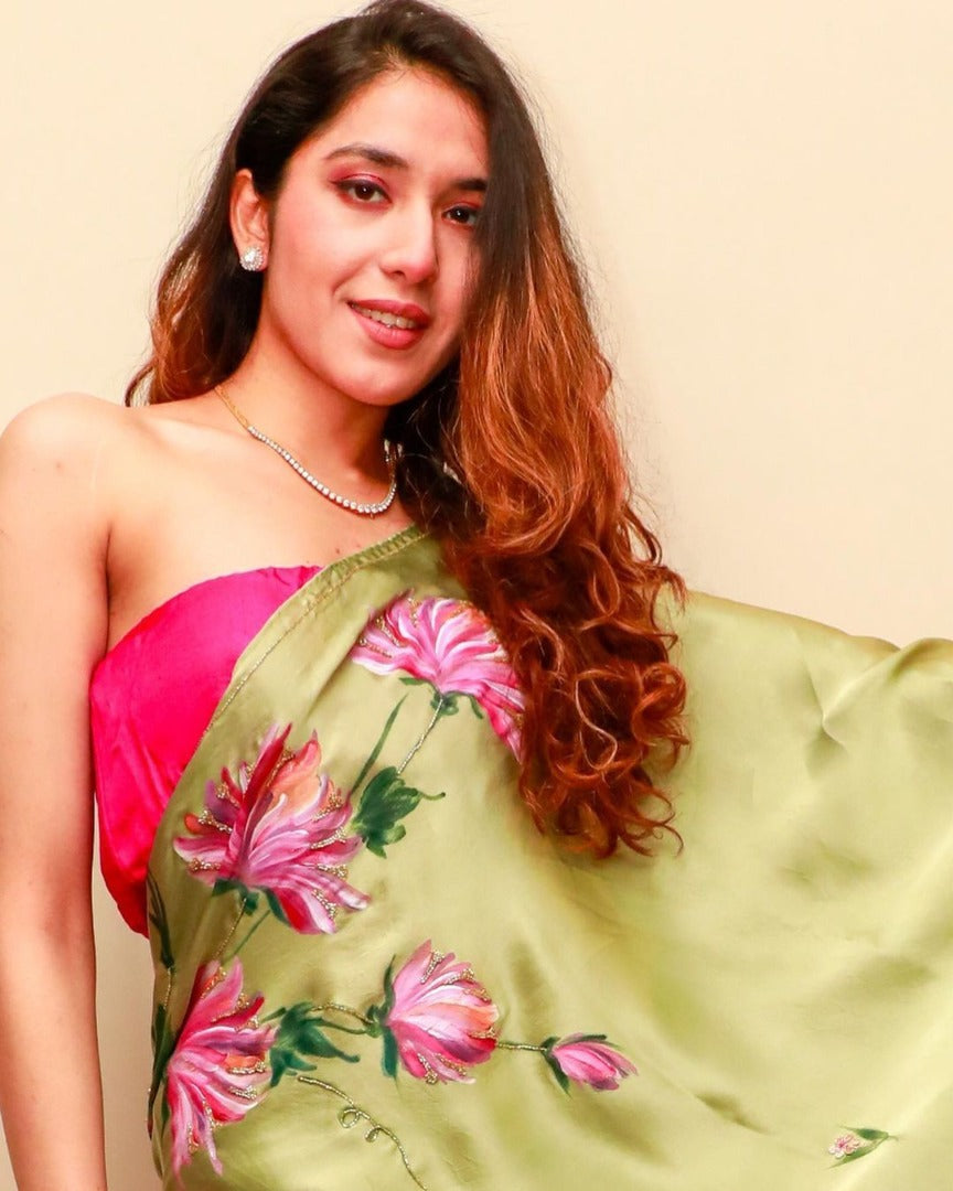 Pista green satin silk digital printed hand worked saree