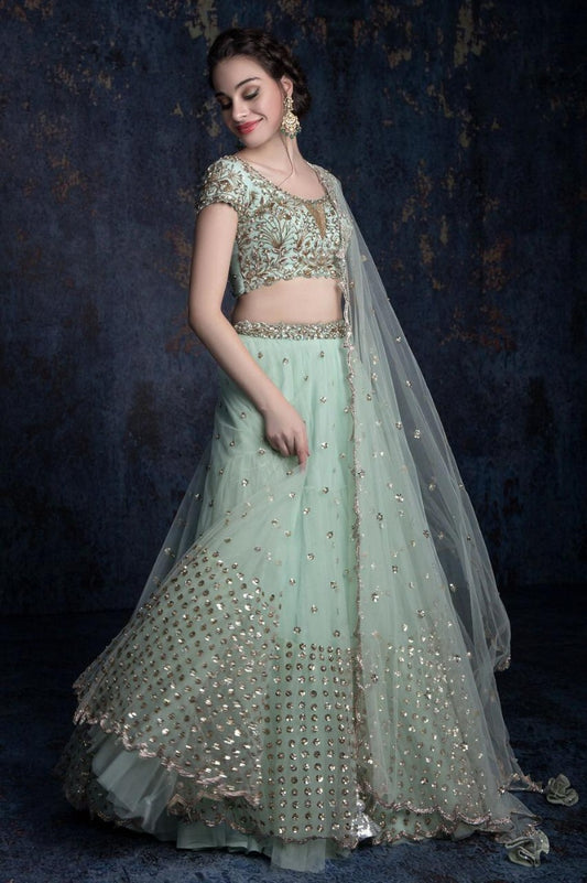 Pista green sequence and dori work wedding lehenga choli
