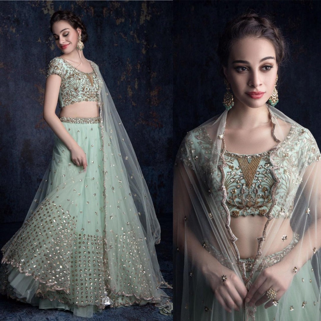 Pista green sequence and dori work wedding lehenga choli