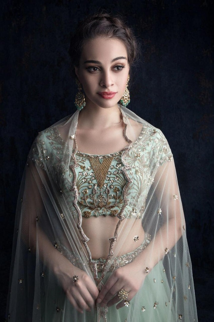 Pista green sequence and dori work wedding lehenga choli