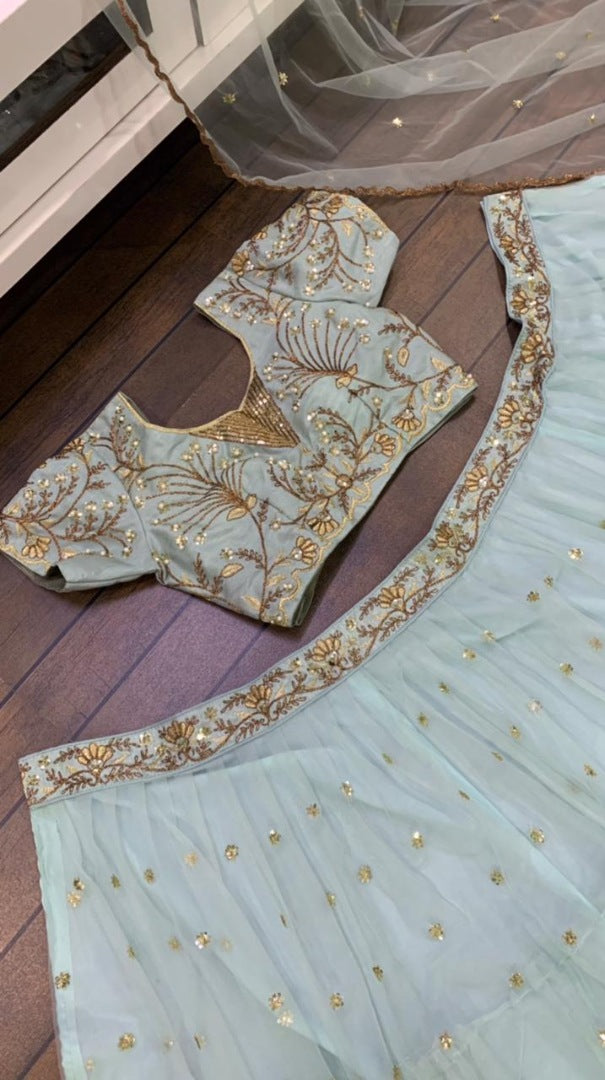 Pista green sequence and dori work wedding lehenga choli
