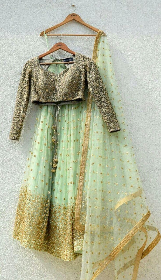 Pista green sequence and thread worked beautiful ceremonial lehenga