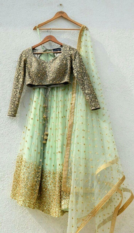 Pista green sequence and thread worked beautiful ceremonial lehenga