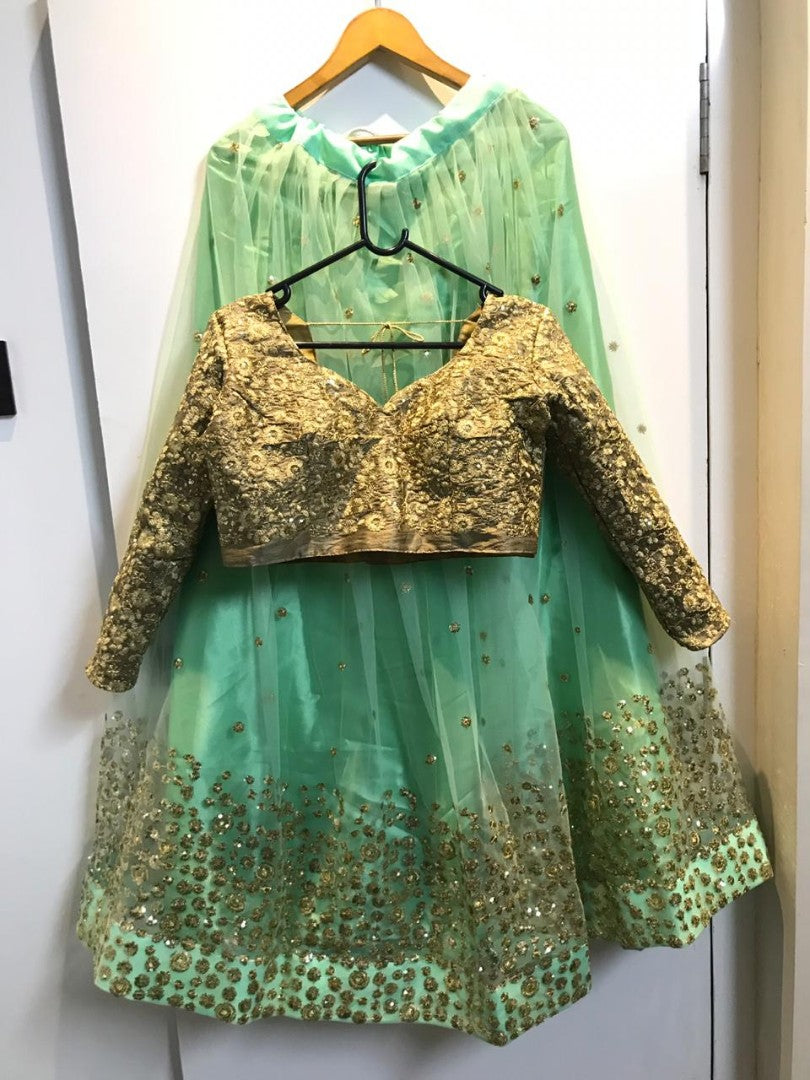 Pista green sequence and thread worked beautiful ceremonial lehenga