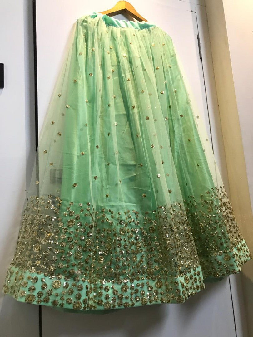 Pista green sequence and thread worked beautiful ceremonial lehenga