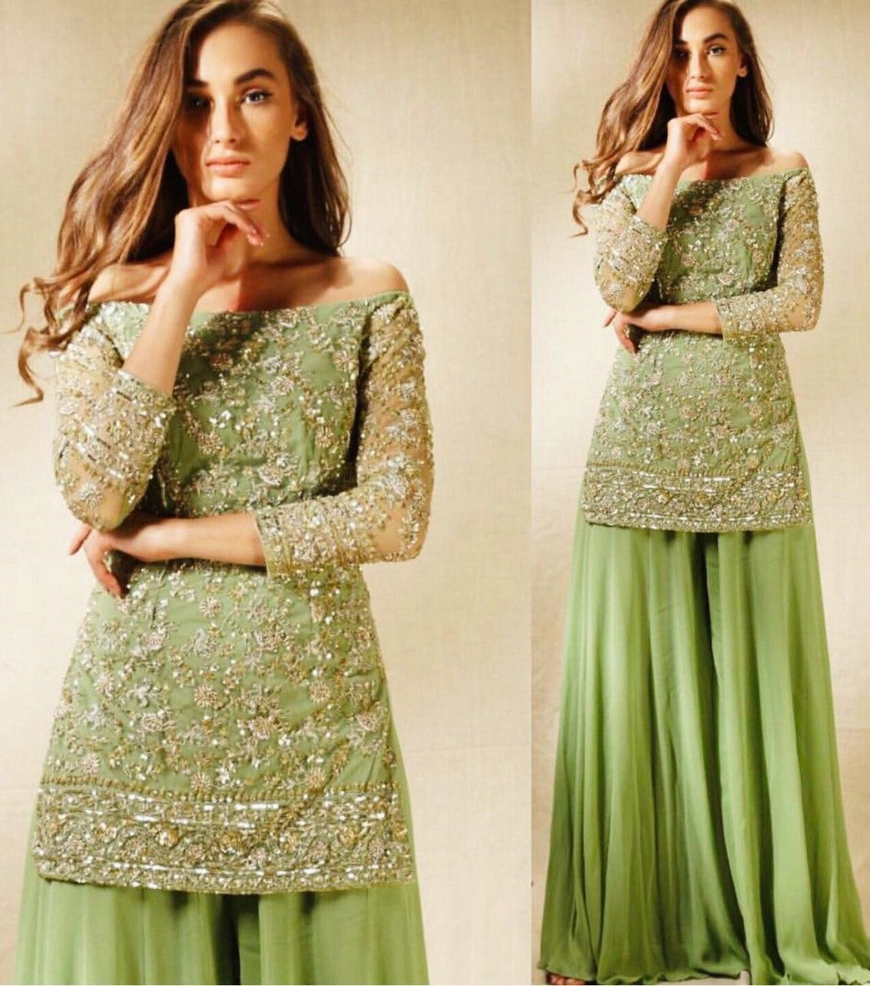 Pista green sequence embroidery work flairy plazzo suit