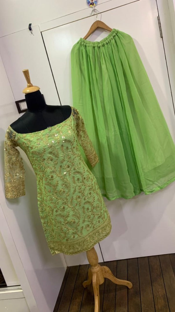 Pista green sequence embroidery work flairy plazzo suit