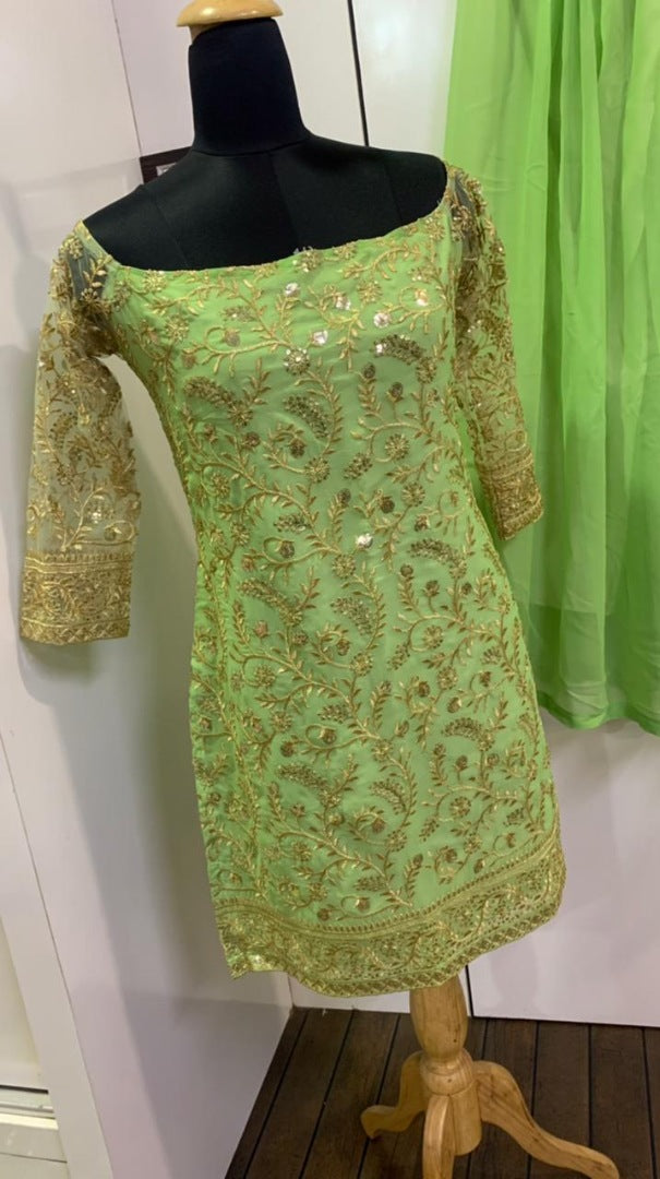 Pista green sequence embroidery work flairy plazzo suit