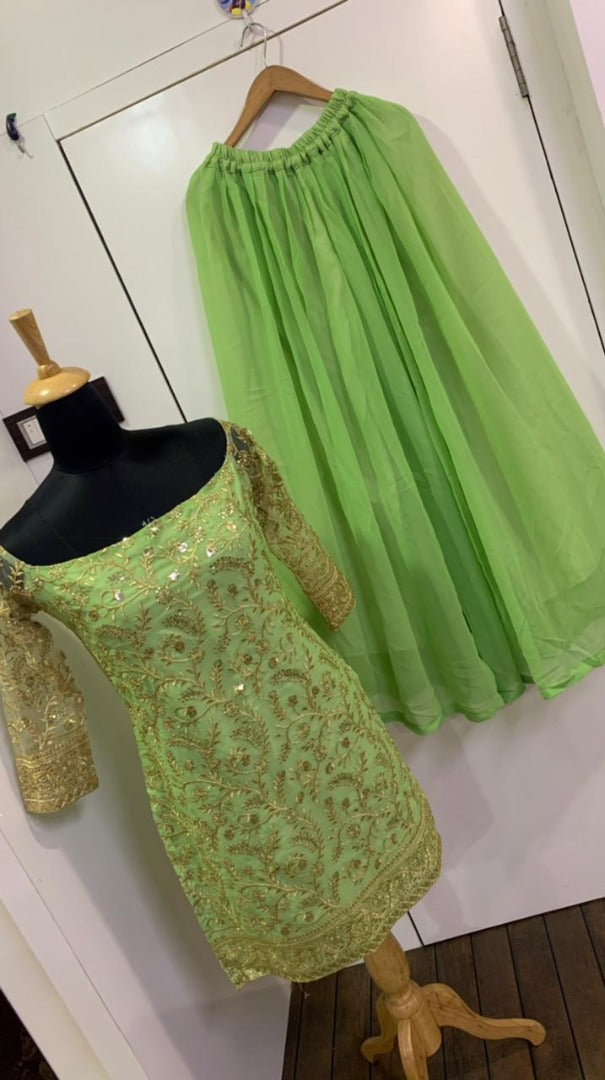 Pista green sequence embroidery work flairy plazzo suit