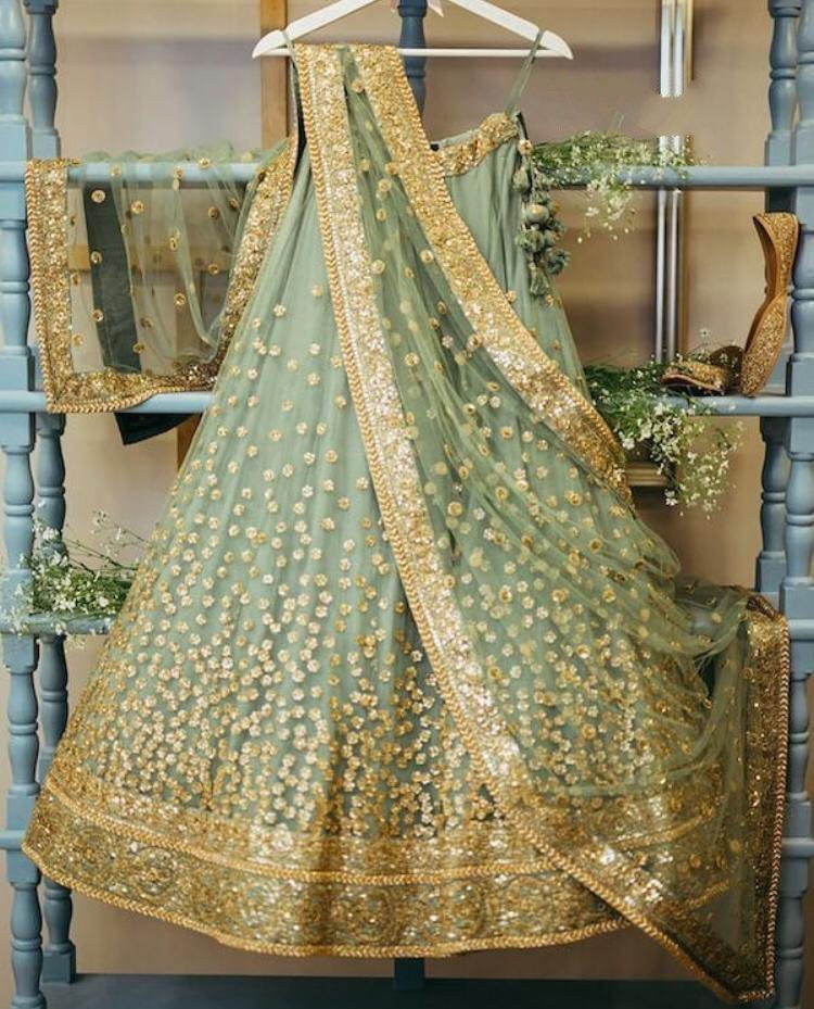 pista green sequence worked wedding lehenga choli