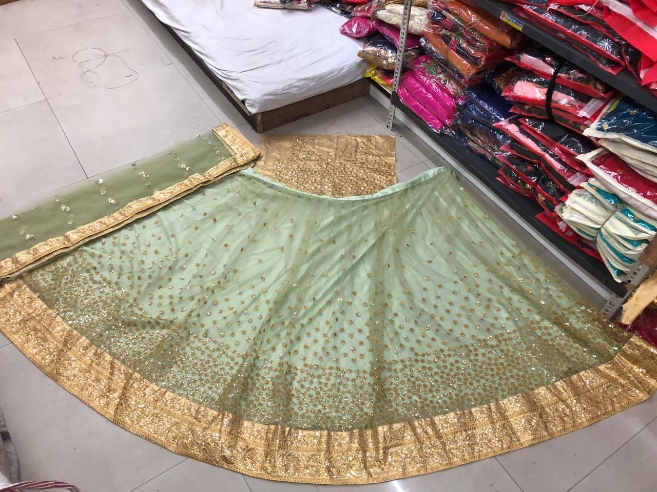 pista green sequence worked wedding lehenga choli
