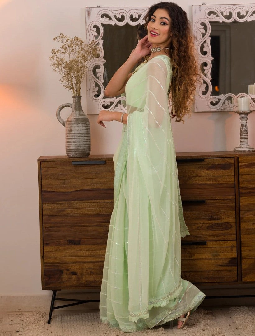 Pista green shimmer fancy thread work sequence siroski work saree