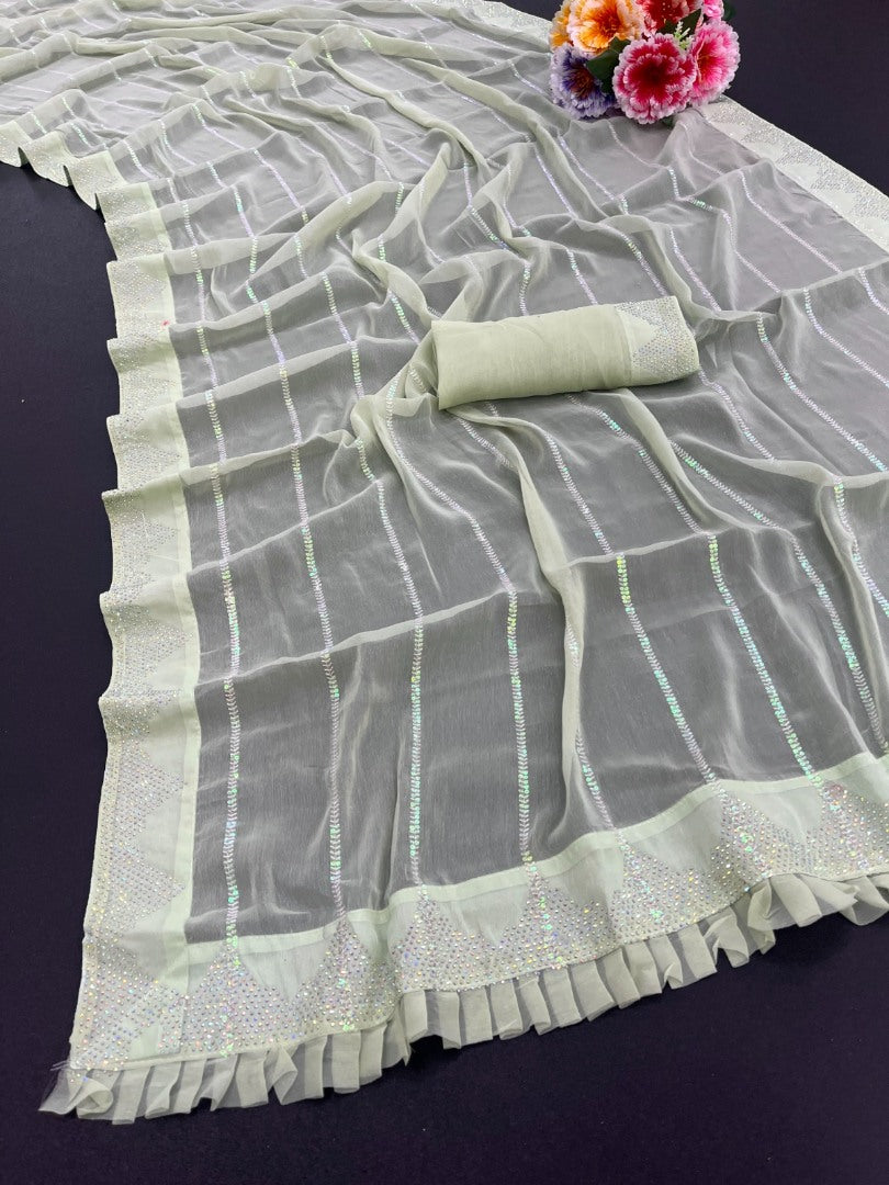 Pista green shimmer fancy thread work sequence siroski work saree