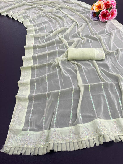 Pista green shimmer fancy thread work sequence siroski work saree