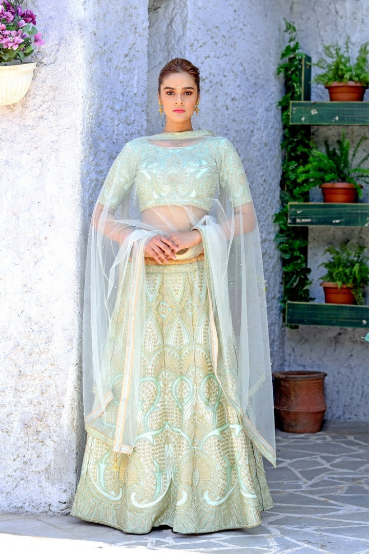 Pista green silk beautiful embroidered heavy wedding lehenga choli