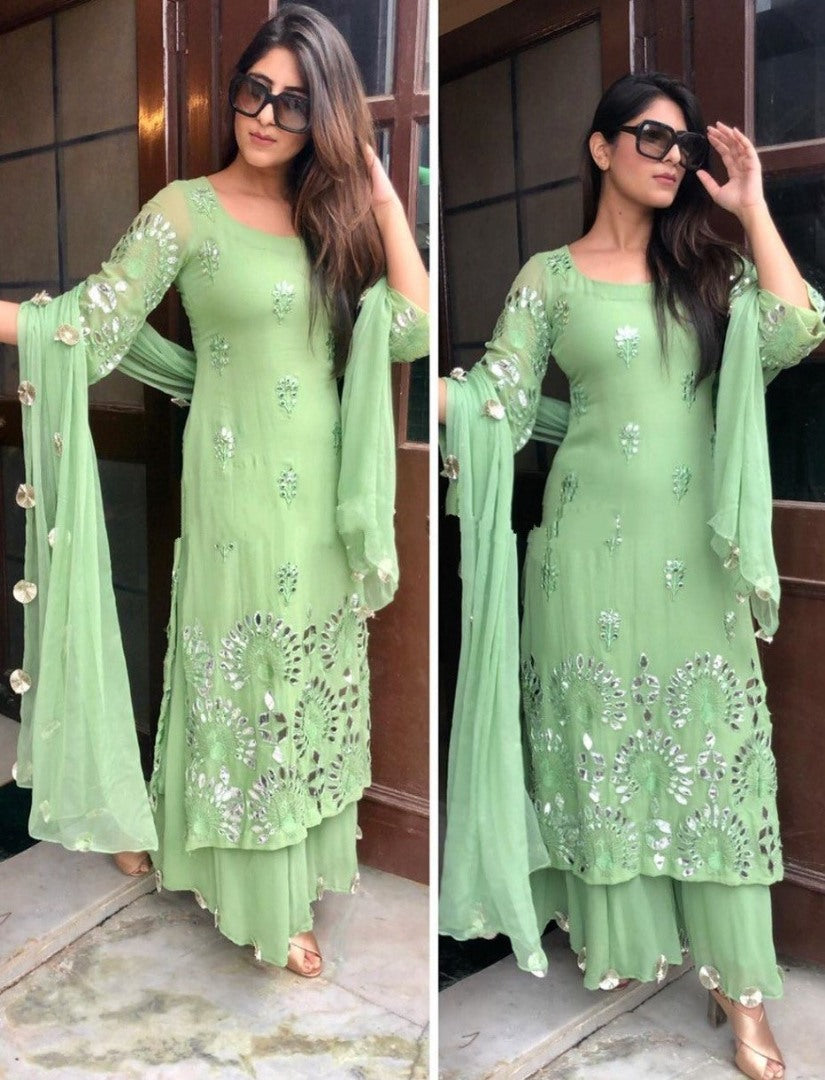 Pista green silk fancy thread work with mirror paper work sarara suit