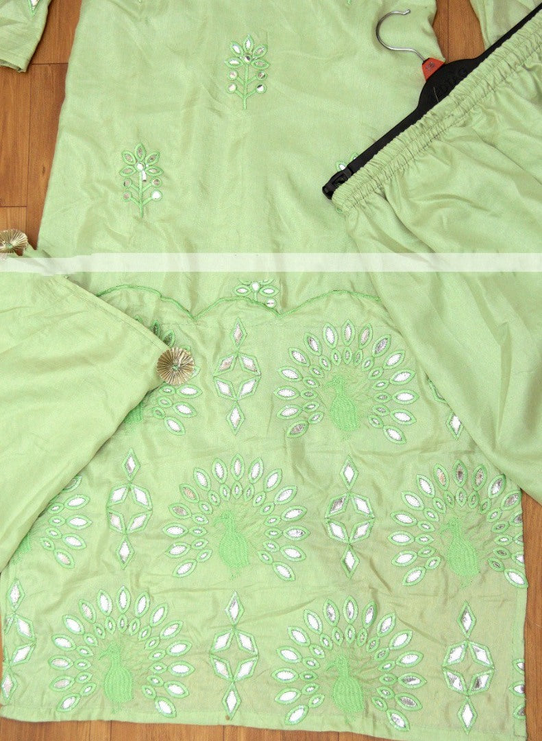 Pista green silk fancy thread work with mirror paper work sarara suit