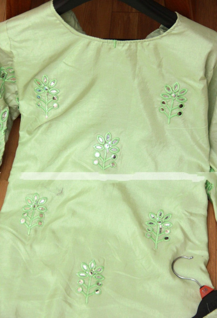 Pista green silk fancy thread work with mirror paper work sarara suit