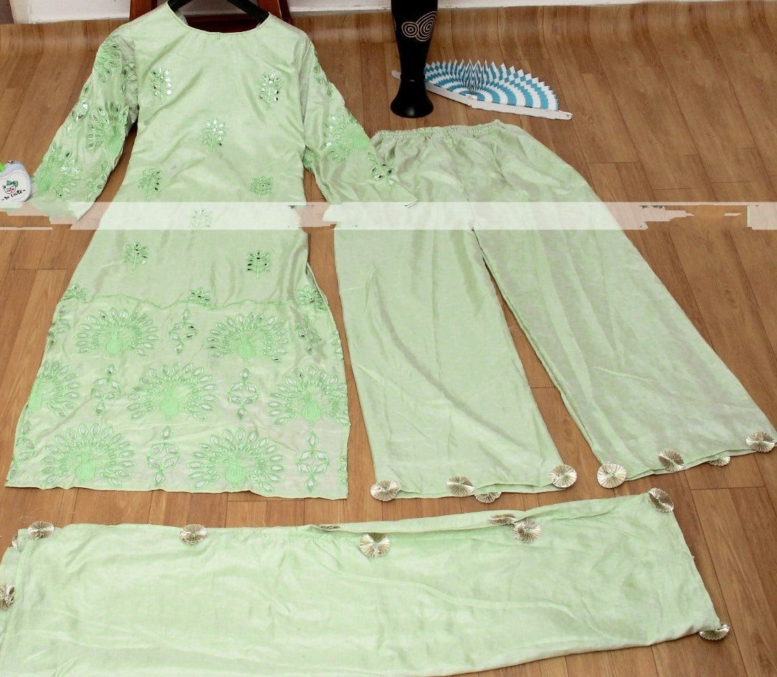 Pista green silk fancy thread work with mirror paper work sarara suit