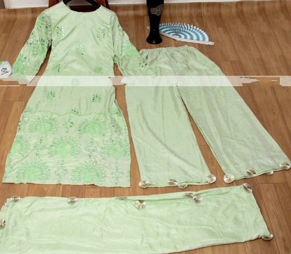 Pista green silk fancy thread work with mirror paper work sarara suit