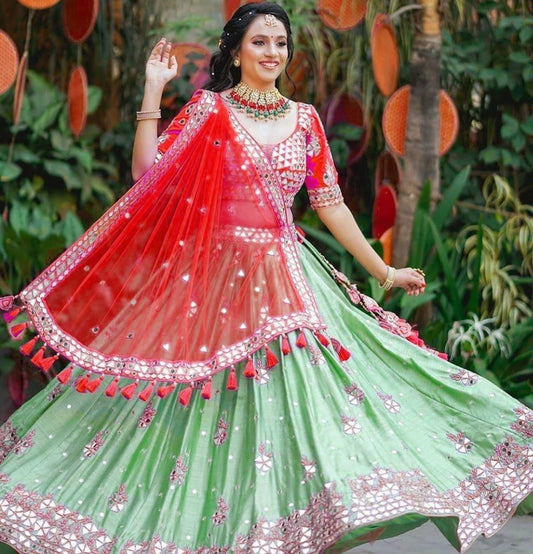 Pista green soft butter silk digital printed mirror work ceremonial wear lehenga choli