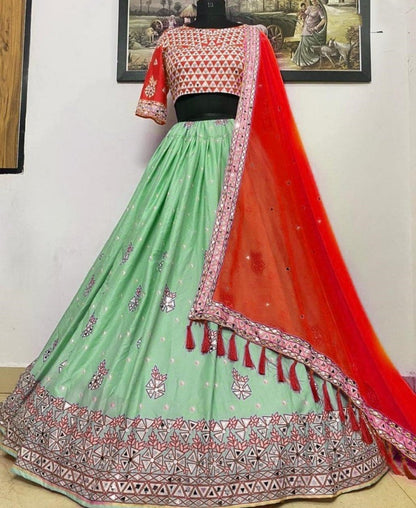 Pista green soft butter silk digital printed mirror work ceremonial wear lehenga choli
