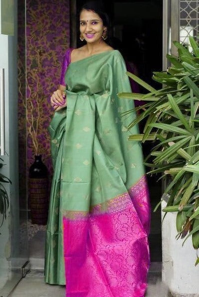 Pista green soft lichi silk jacquard weaving work saree