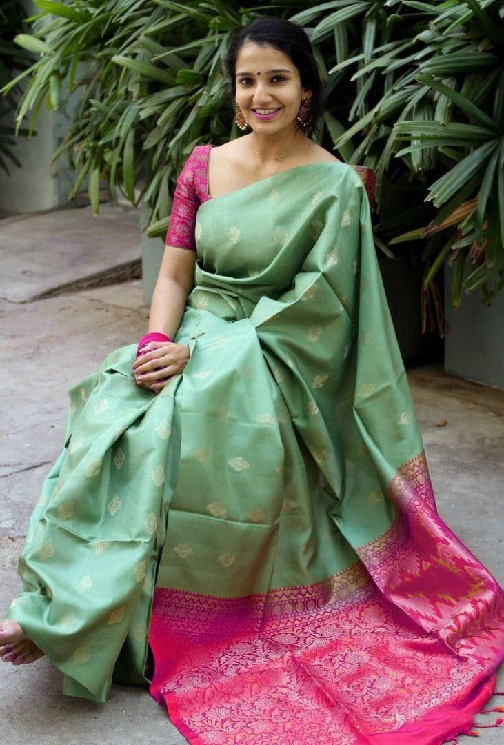 Pista green soft lichi silk jacquard weaving work saree