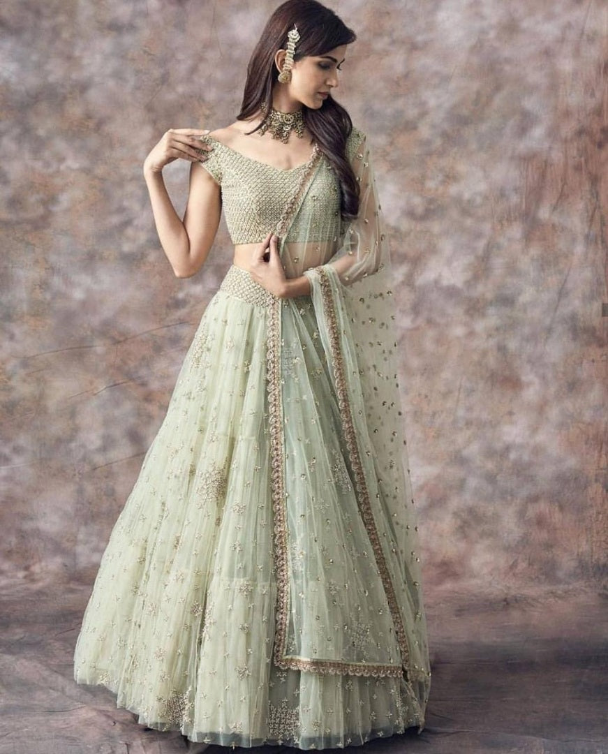 Pista green soft net beautiful worked lehenga choli for ceremony