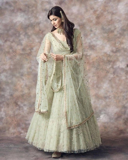 Pista green soft net beautiful worked lehenga choli for ceremony