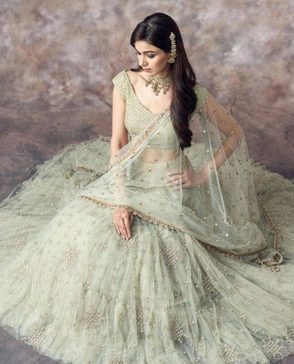 Pista green soft net beautiful worked lehenga choli for ceremony
