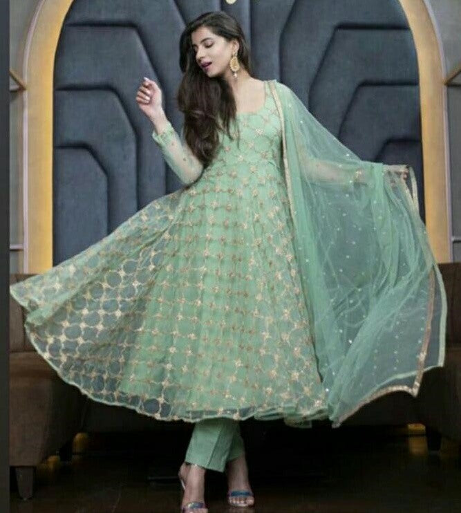 Pista green soft net embroidered anarkali suit
