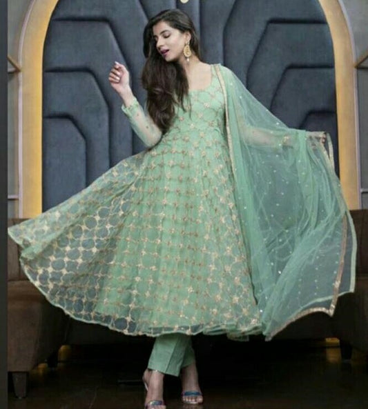 Pista green soft net embroidered anarkali suit