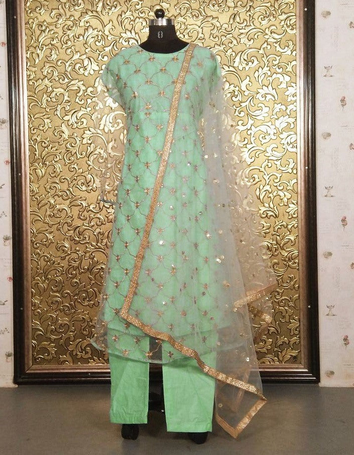 Pista green soft net embroidered anarkali suit