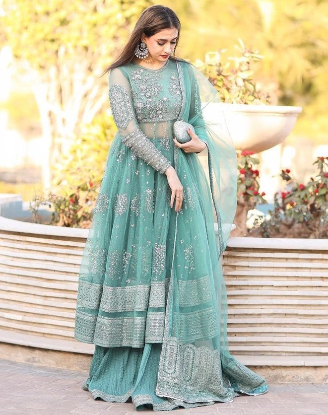 Pista green soft net embroidery worked wedding sharara suit