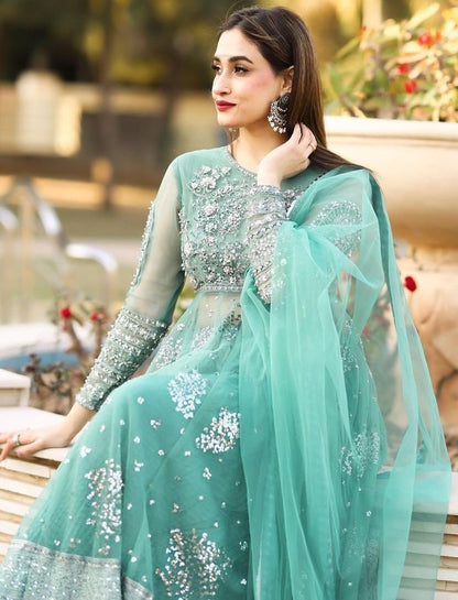 Pista green soft net embroidery worked wedding sharara suit