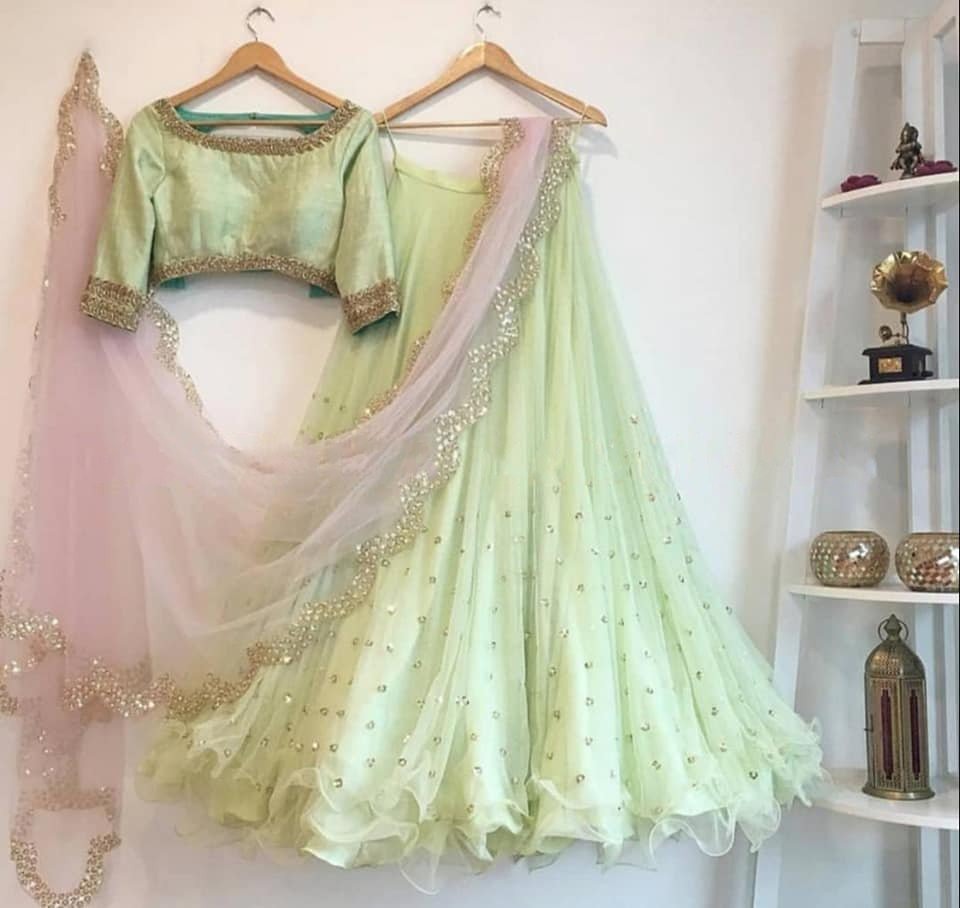 Pista green soft net sequin embroidery work lehenga choli