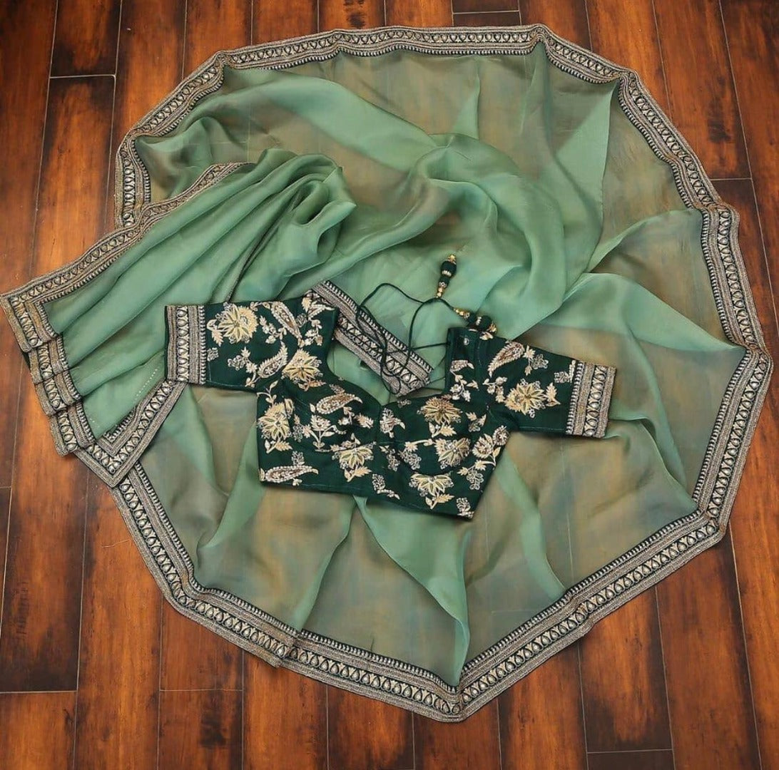 Pista green soft organza silk wedding saree