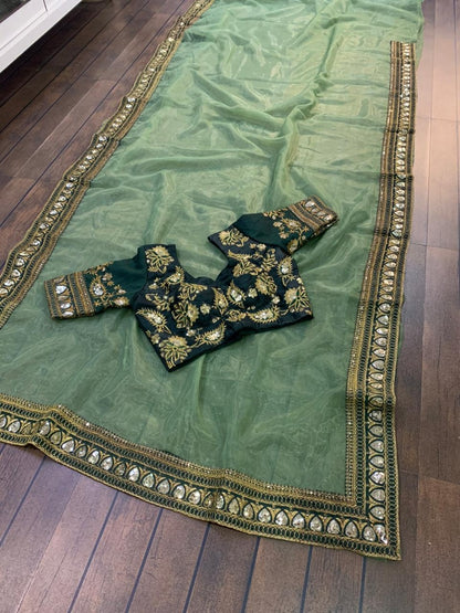 Pista green soft organza silk wedding saree