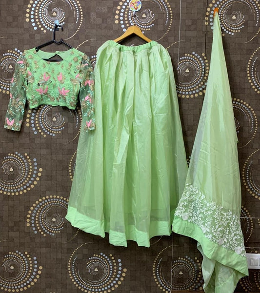 pista green soft orgenza silk partywear lehenga choli