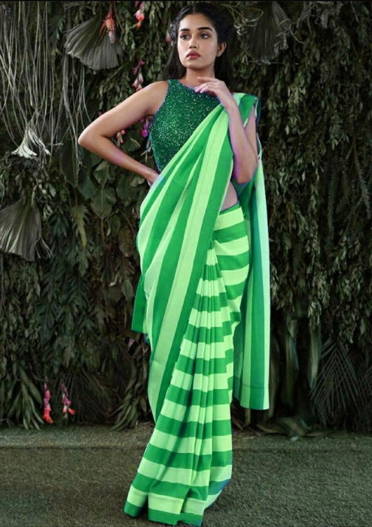 Pista green stripe satin georgette partywear saree