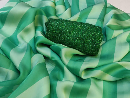 Pista green stripe satin georgette partywear saree