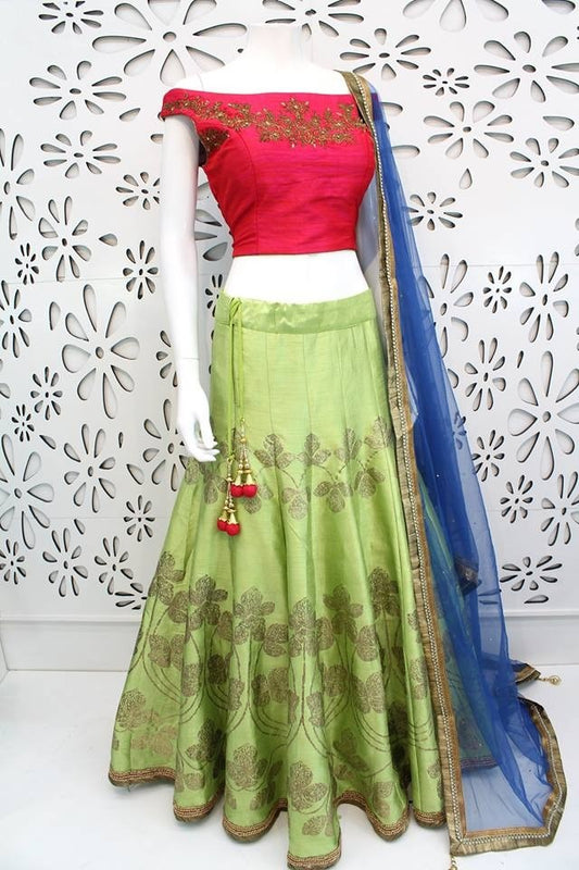 pista green thai silk metalic foil printed festival wear lehenga