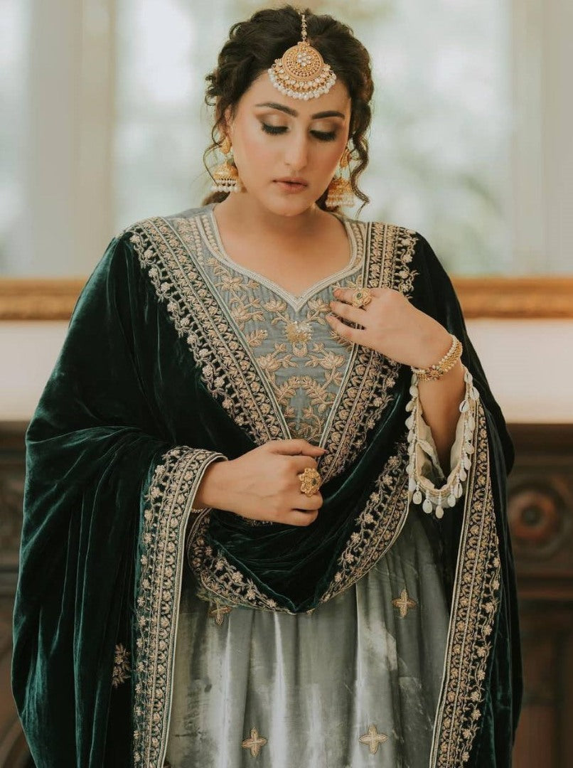 Pista green velvet embroidery worked palazzo suit