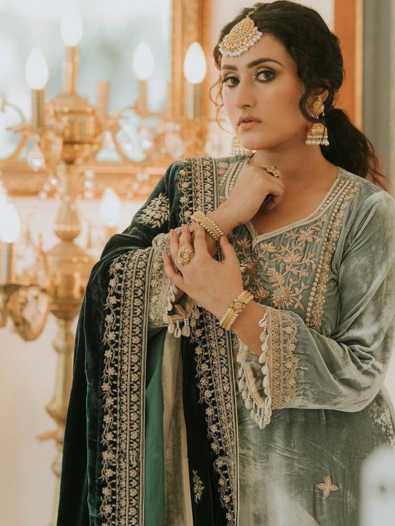 Pista green velvet embroidery worked palazzo suit