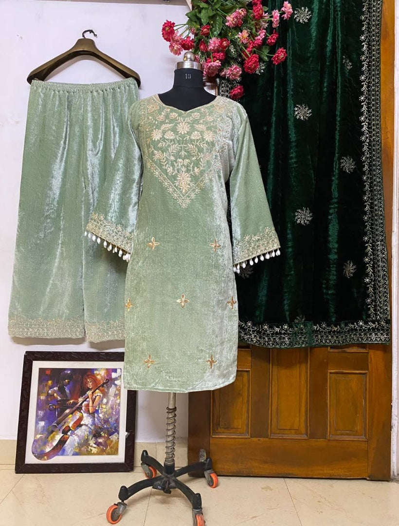 Pista green velvet embroidery worked palazzo suit