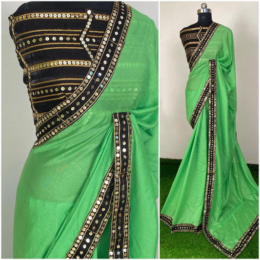 Pista green vichitra silk sequence work partywear saree