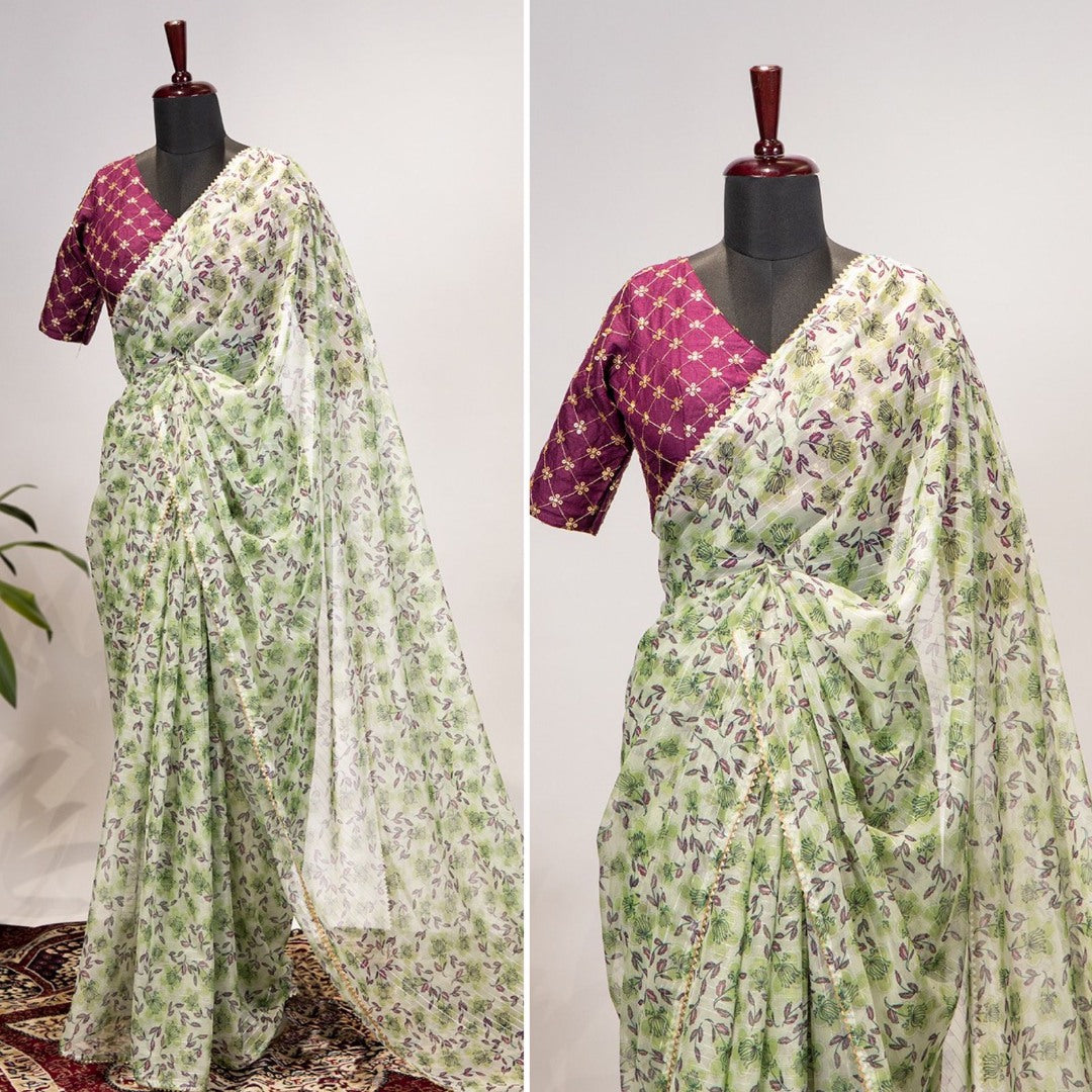 Pista green zari chiffon printed saree